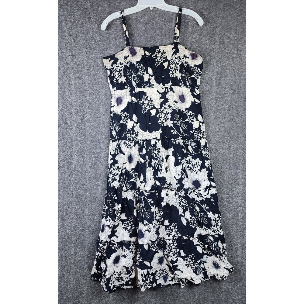 Speed Control Dress Womens L Midi Floral Navy Blue Smocked Tiered Boho EUC